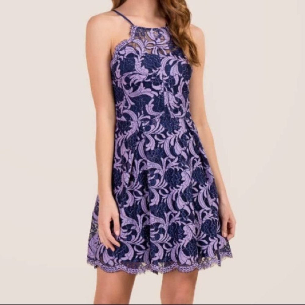 FRANCESCA’S lace halter dress in purple and blue